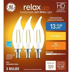 GE Dimmable LED 40 Watt Candelabra Lightbulbs Relax HD EQCA11 Soft White 3 Pack